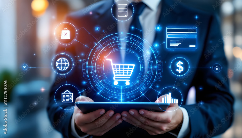 Futuristic E-Commerce Technology Concept with Digital Shopping Cart Icon Futuristic E-Commerce Technology Concept with Digital Shopping Cart Icon