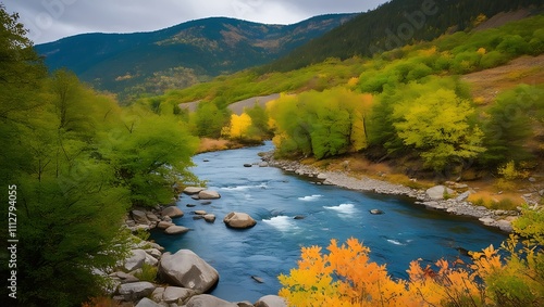 River flows over stones from the mountains among the forests photo