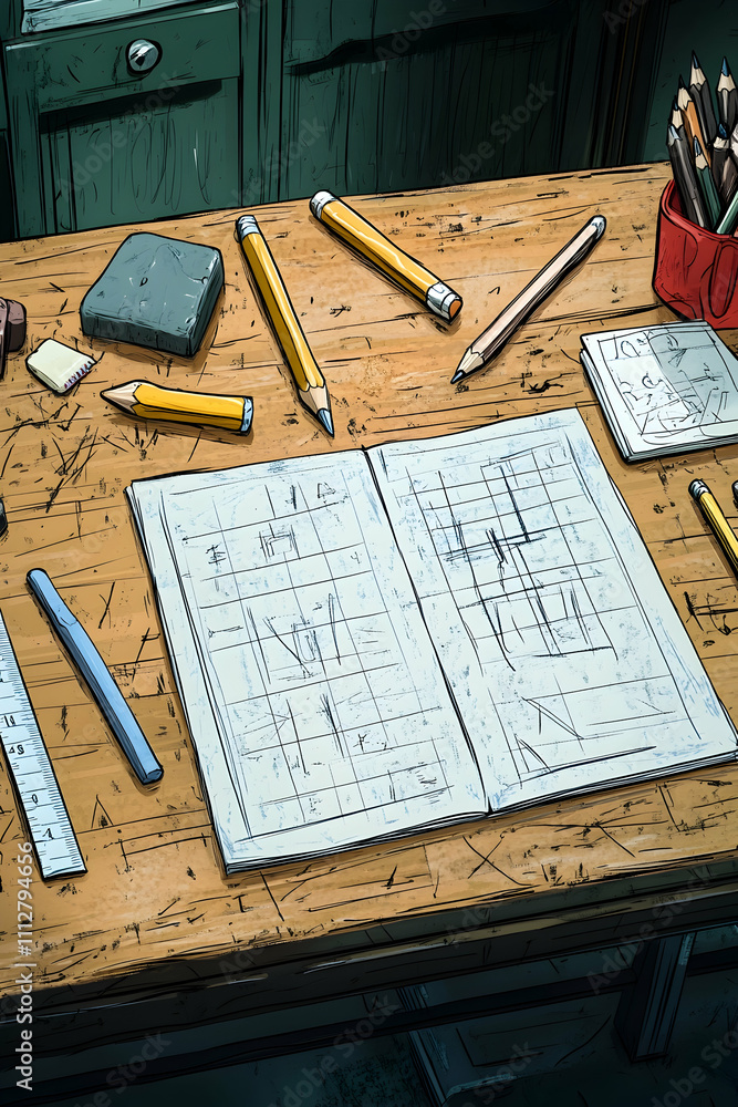 Fototapeta premium Messy wooden desk with pencils, notebook, ruler, eraser, and sketches.