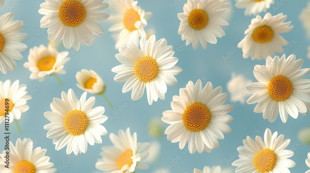 Obraz premium A pattern of floating daisies in pastel yellow and white, gently scattered over a muted blue background