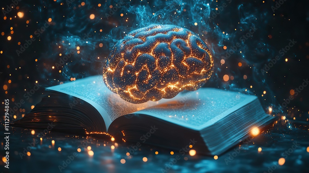glowing virtual brain floats above an open book with leaning icons on ...