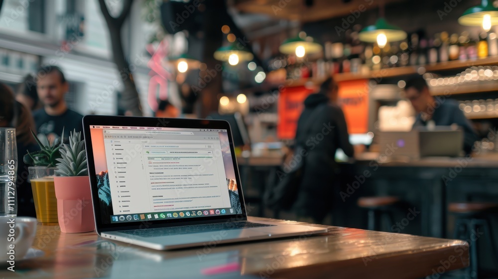 Trendy Cafe Workspace with Open Laptop Email Application - Perfect for Dynamic Stock Imagery Trendy Cafe Workspace with Open Laptop Email Application - Perfect for Dynamic Stock Imagery