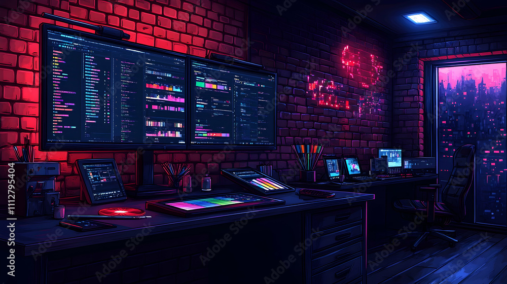 Neon-lit coder's workspace at night, featuring dual monitors displaying code and digital art, along with various peripherals and city view. Neon-lit coder's workspace at night, featuring dual monitors displaying code and digital art, along with various peripherals and city view.