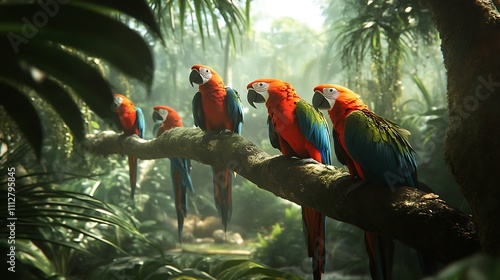 Fototapeta Naklejka Na Ścianę i Meble -  A group of parrots are perched on a tree branch in a lush jungle
