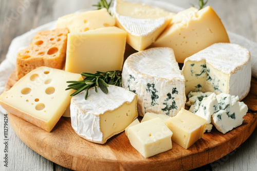 A platter of assorted soft cheeses, including camembert and goat cheese, with minimalistic garnishes