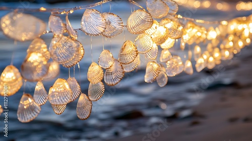 Shell garlands catching the light above a sandy beach at twilight photo