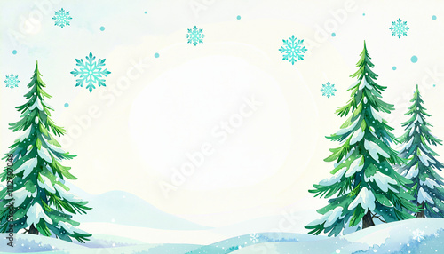 Watercolor background of snowy pine trees with falling snowflakes with copy space