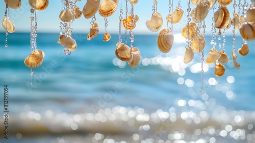 A peaceful seaside view with hanging shell art and golden sand stretching to the water photo