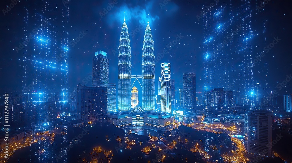 Obraz premium holographic information flow with a nighttime panorama of kuala lumpur s cityscape the biggest technology hub in malaysia asia is kl the notion of scientific programming double exposur