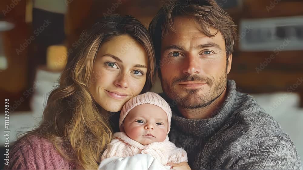 Happy young family with a newborn baby posing together in a cozy rustic setting, exuding love and warmth Happy young family with a newborn baby posing together in a cozy rustic setting, exuding love and warmth