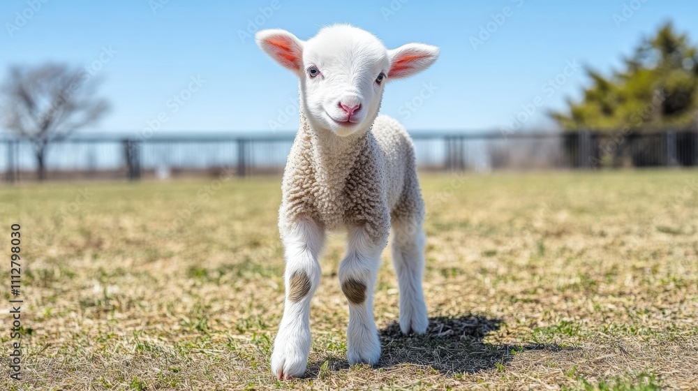 Adorable lamb taking first steps in a grassy field under a clear blue sky. Adorable lamb taking first steps in a grassy field under a clear blue sky.