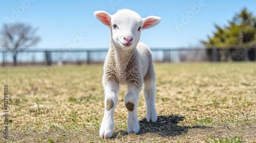 Adorable lamb taking first steps in a grassy field under a clear blue sky.