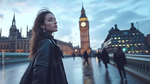 Stylish woman in black leather on Westminster Bridge, Big Ben, refined grunge aesthetic  
