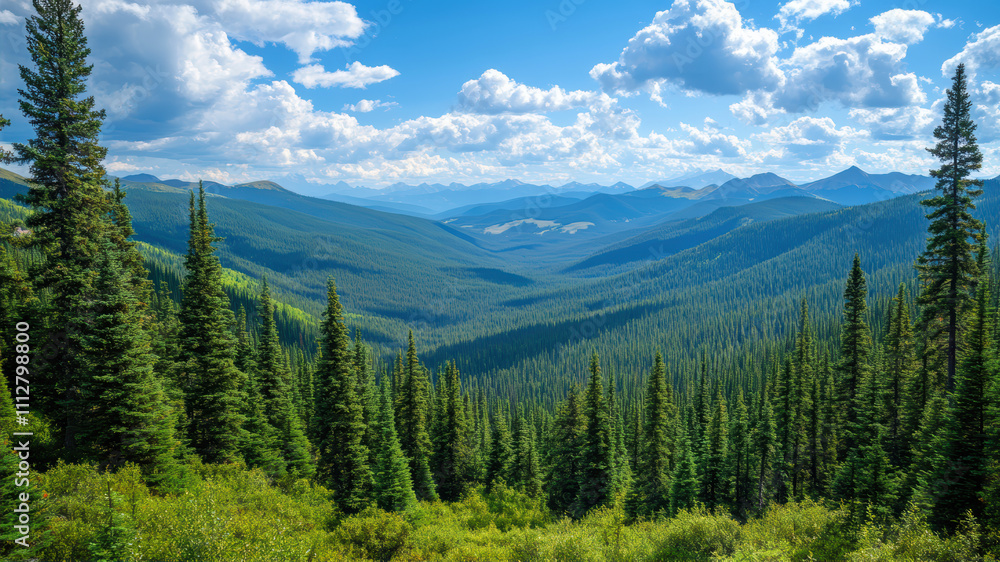 Majestic View of Towering Pine Trees Under a Bright Blue Sky in a Serene Mountain Valley Majestic View of Towering Pine Trees Under a Bright Blue Sky in a Serene Mountain Valley