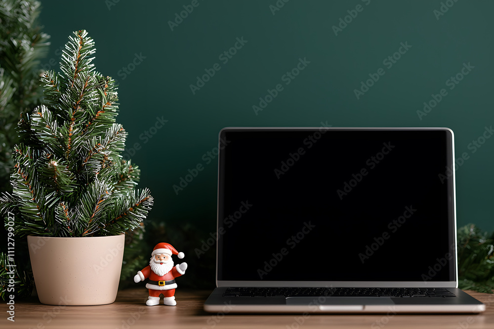 Small Artificial Christmas Tree on a Desk with a Santa Miniature - Cute Holiday Decoration for a Festive Workspace Small Artificial Christmas Tree on a Desk with a Santa Miniature - Cute Holiday Decoration for a Festive Workspace
