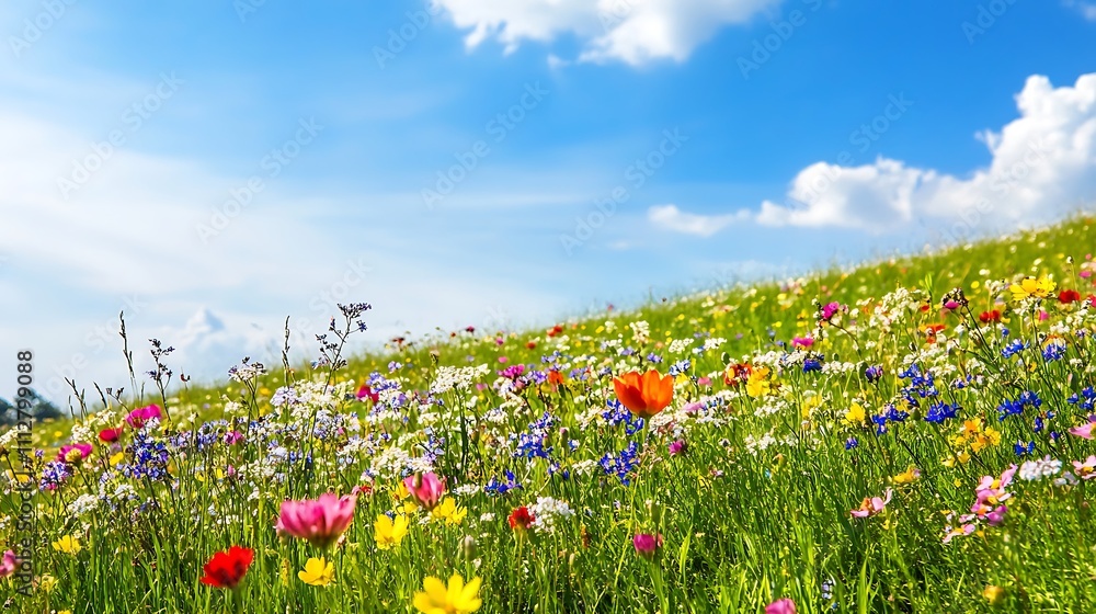 Obraz premium A field of flowers with a blue sky in the background