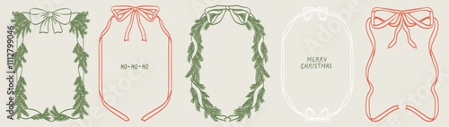 Christmas decoration border with fir branches garland, bow and ribbon in vintage doodle style for poster, placards and invitations. Christmas and New Year design holiday frame vector illustration set.