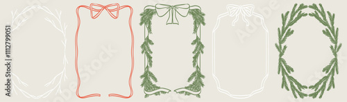 Christmas decoration border with fir branches, bow and ribbons in vintage doodle style for poster, placards and invitations, social media. New Year design holiday frame vector illustration set.