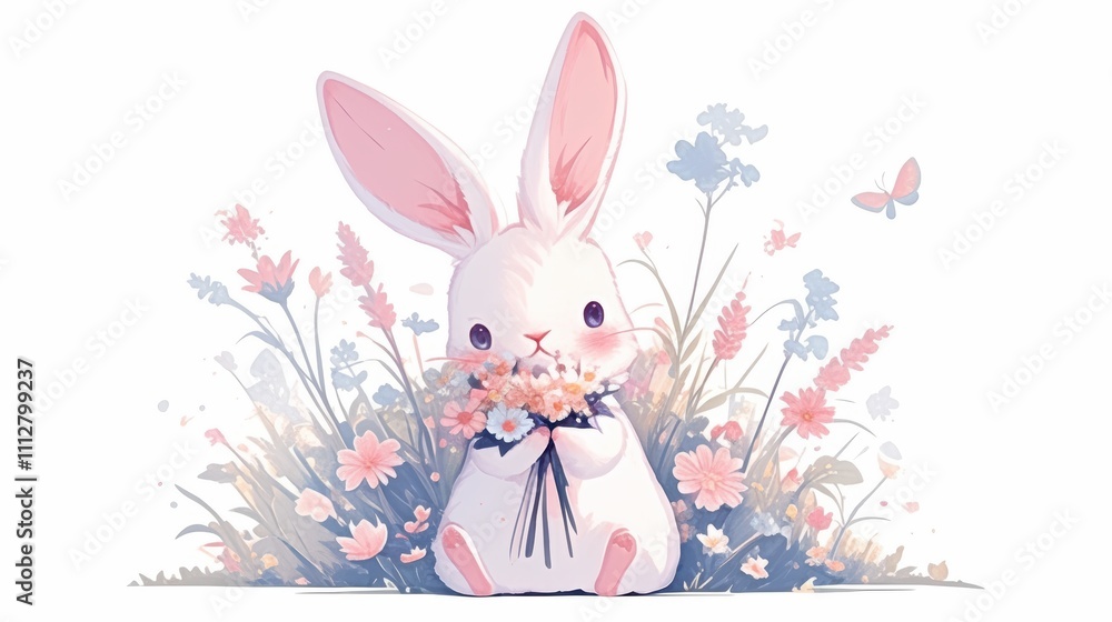 A cute rabbit holding a bouquet of flowers in a colorful floral setting. A cute rabbit holding a bouquet of flowers in a colorful floral setting.