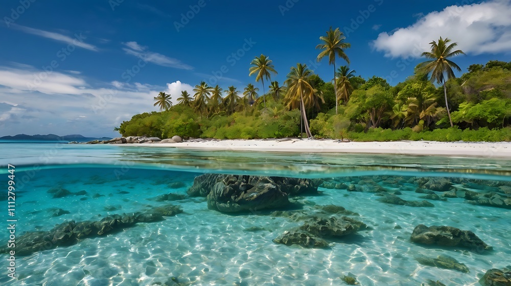 Naklejka premium Tropical paradise beach, split view showing shallow turquoise water over white sand beach and lush green tropical vegetation on the shoreline.