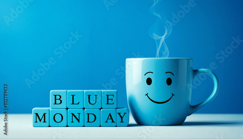 Blue monday concept. Plastic cubes with letters placed next to smiling cup, mug with hot drink. Gloomy marketing message