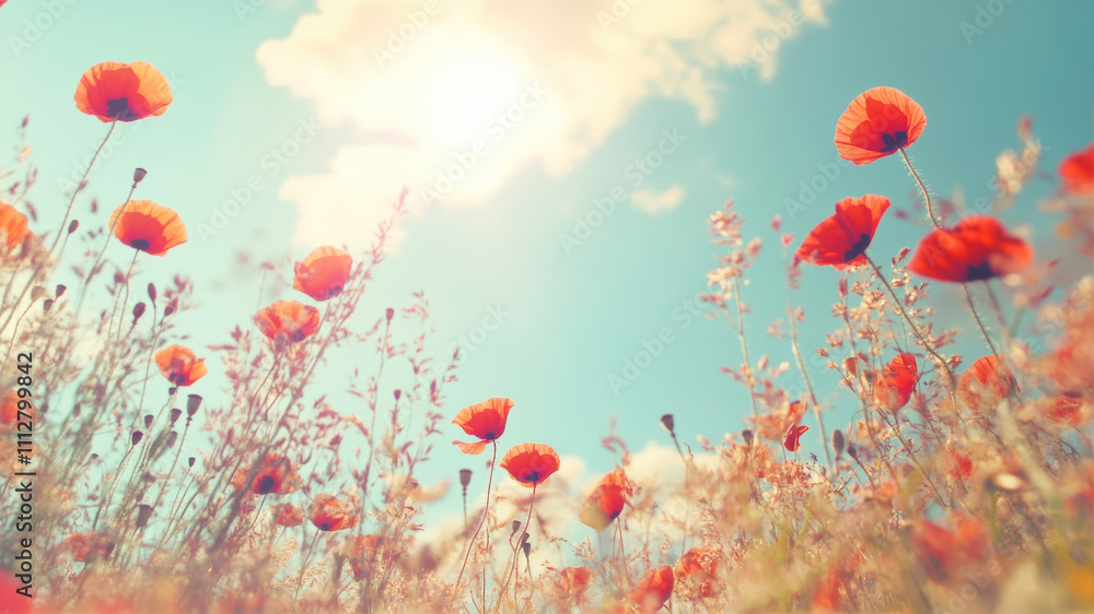 Fototapeta premium Poppy Blossoms Dance in the Gentle Breeze Beneath a Bright Blue Sky