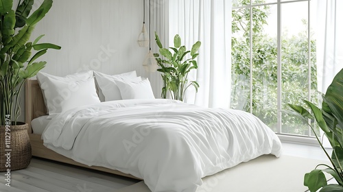 A white bed with a white comforter and pillows