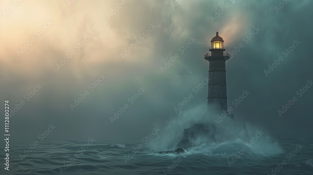 Lighthouse shining through foggy ocean waters at dusk Lighthouse shining through foggy ocean waters at dusk
