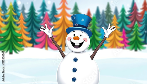 A cartoon snowman stands in a snowy landscape.