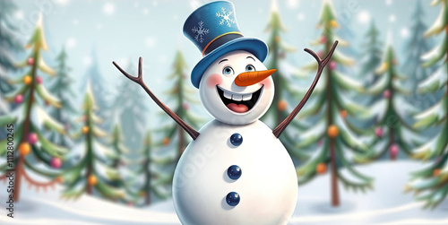 A cartoon snowman stands in a snowy landscape.