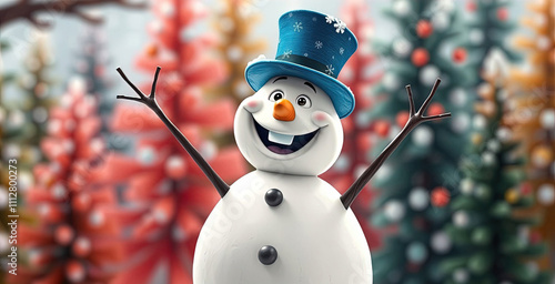 A cartoon snowman stands in a snowy landscape.