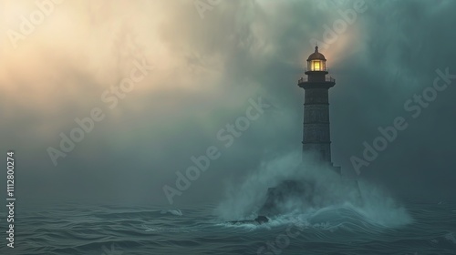 Lighthouse shining through foggy ocean waters at dusk