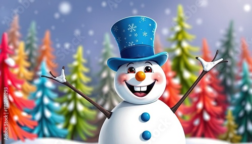 A cartoon snowman stands in a snowy landscape.