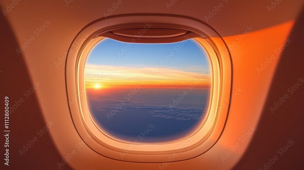 Airplane window view of a beautiful sunrise over clouds. Airplane window view of a beautiful sunrise over clouds.