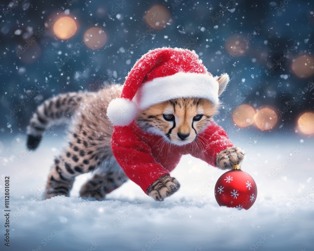 A playful kitten in a festive Santa hat and sweater, exploring a snowy environment with a red ornament amidst a backdrop of softly glowing lights. A playful kitten in a festive Santa hat and sweater, exploring a snowy environment with a red ornament amidst a backdrop of softly glowing lights.