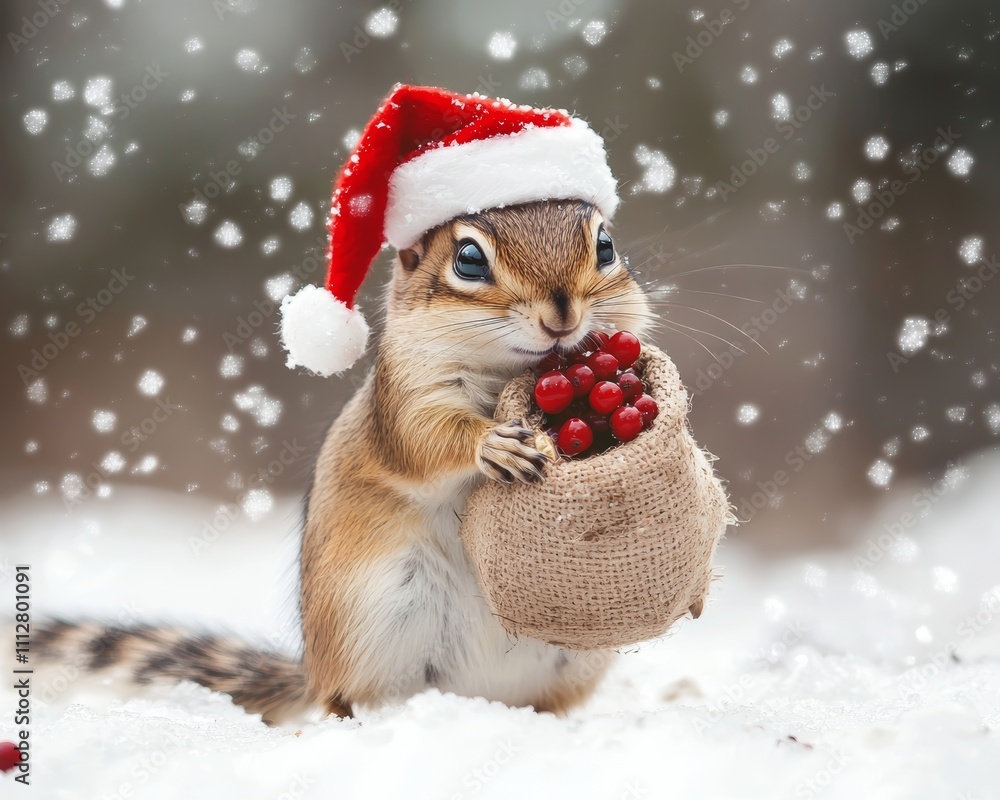A cheerful squirrel in a Santa hat holds a bag of berries while snow falls gently around it, creating a festive winter scene. A cheerful squirrel in a Santa hat holds a bag of berries while snow falls gently around it, creating a festive winter scene.