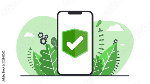 Vector illustration. Accept shield design. Phone with blue background and leaves. Design for banner, template, background.