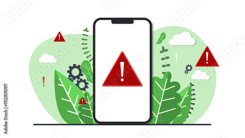 Phone with blue backdrop. Clouds with leaves, abstract background concept. Attention or error symbol template design. Vector illustration. Design for web, banner, background, wallpaper.