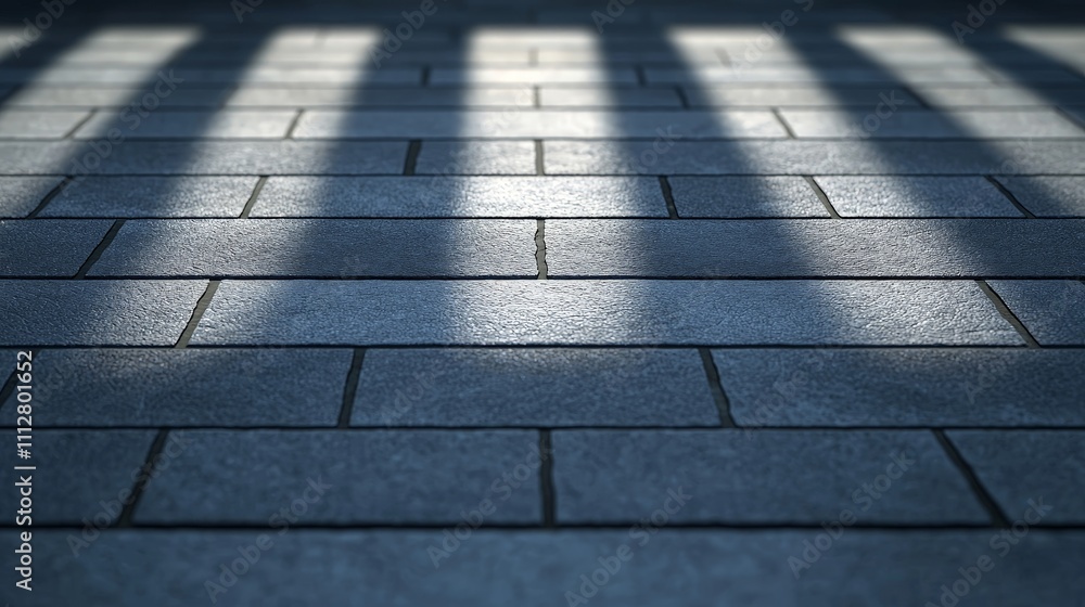 Parallel light streaks cast shadows on grey stone pavement. Parallel light streaks cast shadows on grey stone pavement.
