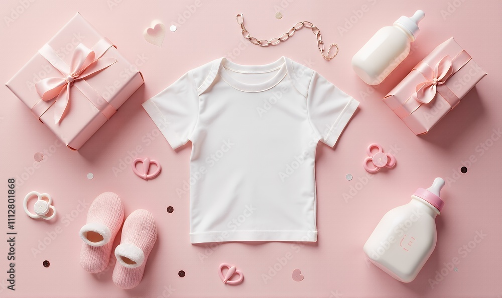 Baby girl concept. Top view photo of gift boxes shirt socks knitted bunny rattle toy teddy-bear toy milk bottle booties pacifier chain and shiny confetti on isolated pastel pink background Baby girl concept. Top view photo of gift boxes shirt socks knitted bunny rattle toy teddy-bear toy milk bottle booties pacifier chain and shiny confetti on isolated pastel pink background