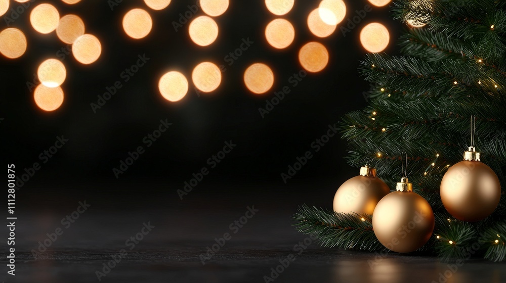 Golden baubles adorn a Christmas tree against a bokeh background. Golden baubles adorn a Christmas tree against a bokeh background.