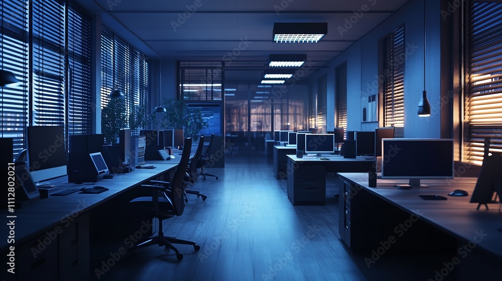 Modern Office Interior with Empty Desks and Computers. 3D Render
Modern Office Interior with Empty Desks and Computers. 3D Render
