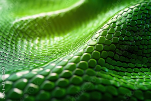 Close-up of green snake skin texture with a scale pattern on a blurred background, macro view. photo