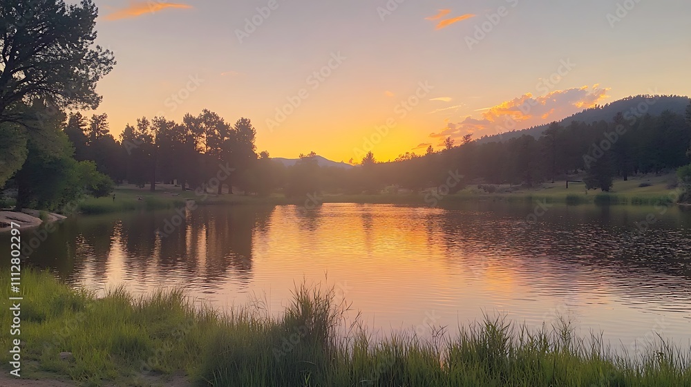 A lake with a beautiful sunset in the background A lake with a beautiful sunset in the background