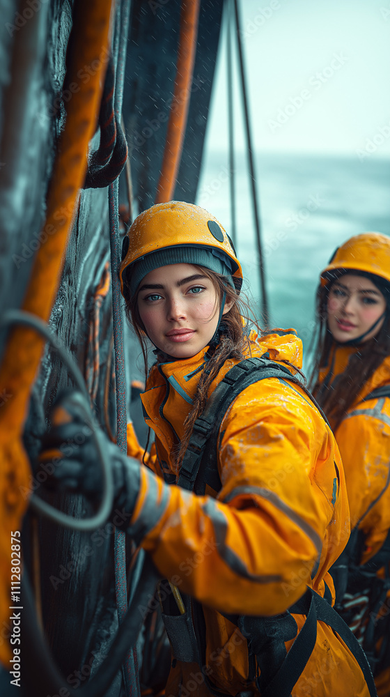 Female technicians climbing a turbine structure at sea. Female technicians climbing a turbine structure at sea.