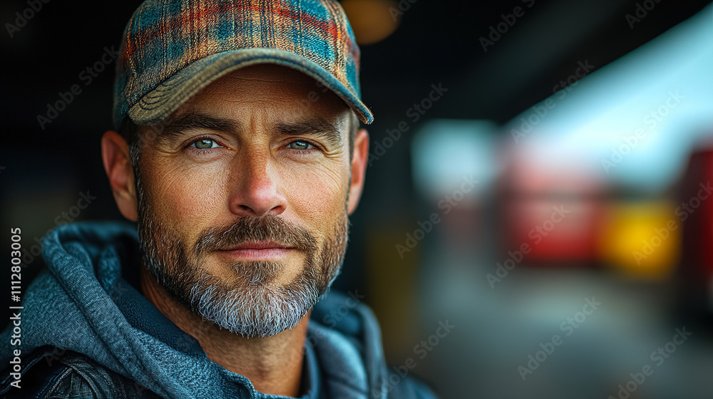 Fototapeta premium Man with a plaid cap and beard stands confidently in a vibrant urban setting during golden hour. Generative AI