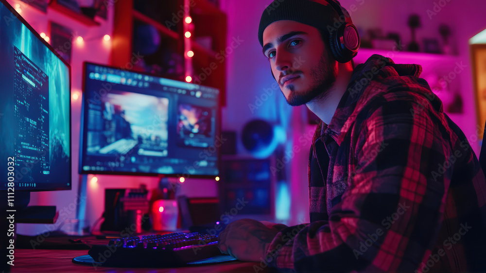 Obraz premium Handsome Gamer Immersed in an Exciting Gaming Session at Night