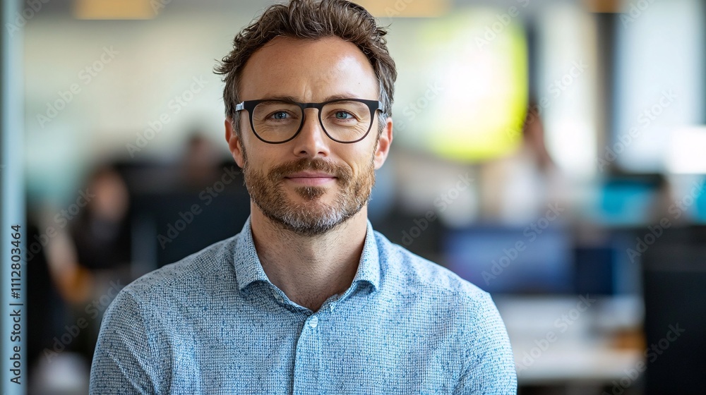 A professional man with glasses smiles confidently in a modern office environment, showcasing a friendly demeanor amidst a workspace. A professional man with glasses smiles confidently in a modern office environment, showcasing a friendly demeanor amidst a workspace.