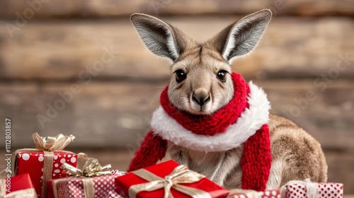 A festive kangaroo wearing a red scarf sits among colorful Christmas presents, capturing a playful holiday spirit. photo