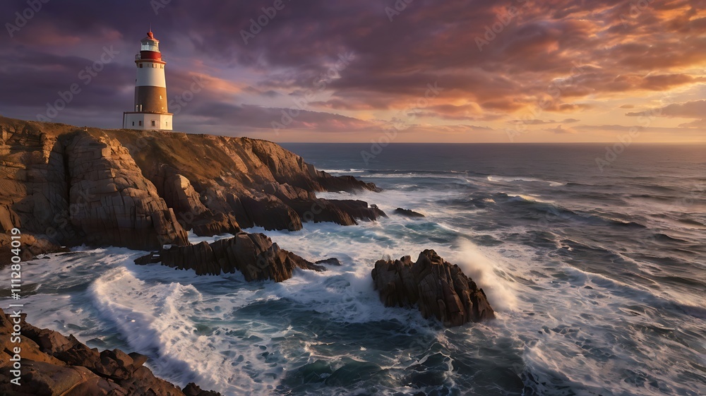 Obraz premium Dramatic sunset over a coastal lighthouse with crashing waves.